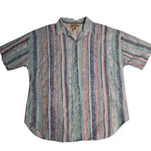 Vintage 90s Denim Republic Tribal Geometric Pastel Striped Button Up Shirt Large